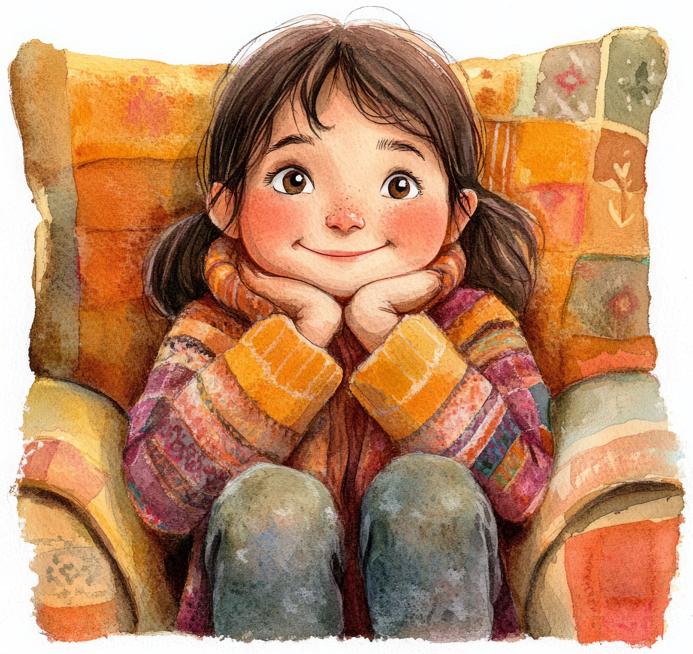 a watercolor illustration little girl witting on a couch.
