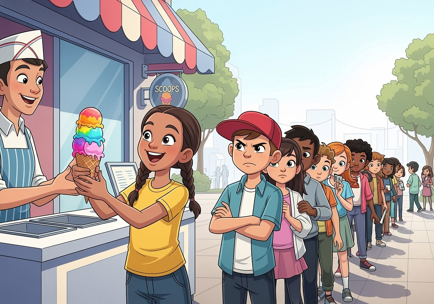 Contemporary,,Sophisticated,Cartoon,Illustration,Of,Kids,Ages,10-12,Lining,Up