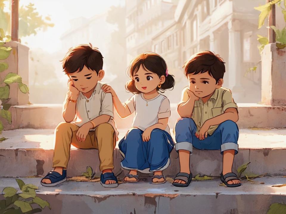 A,Contemporary,,Softly,Illustrated,Scene,Of,Three,Children,(ages,612)