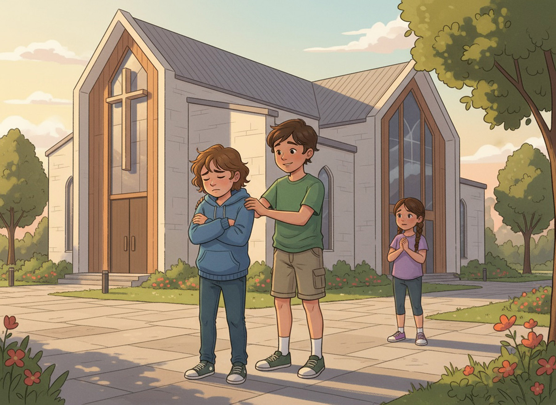 A,Contemporary,,Illustrated,Scene,Showing,Three,Children,(ages,6ñ12),Standing