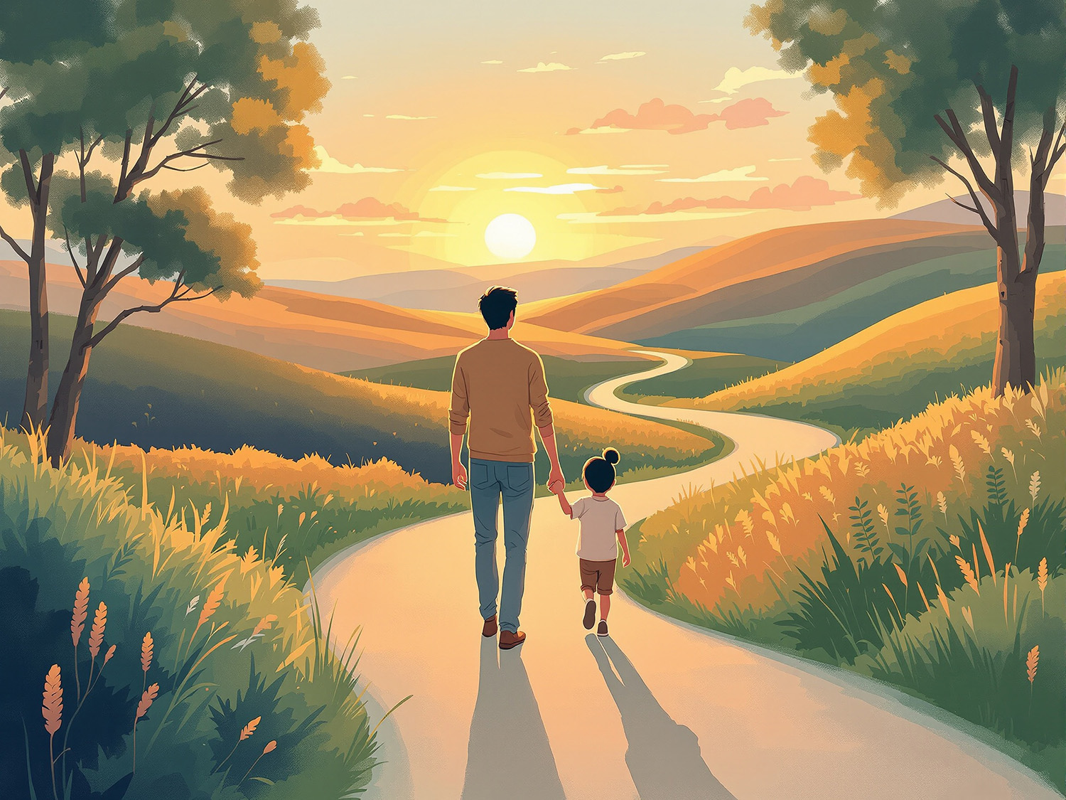 A,Warm,,Modern,Illustration,Of,A,Parent,And,Child,Walking